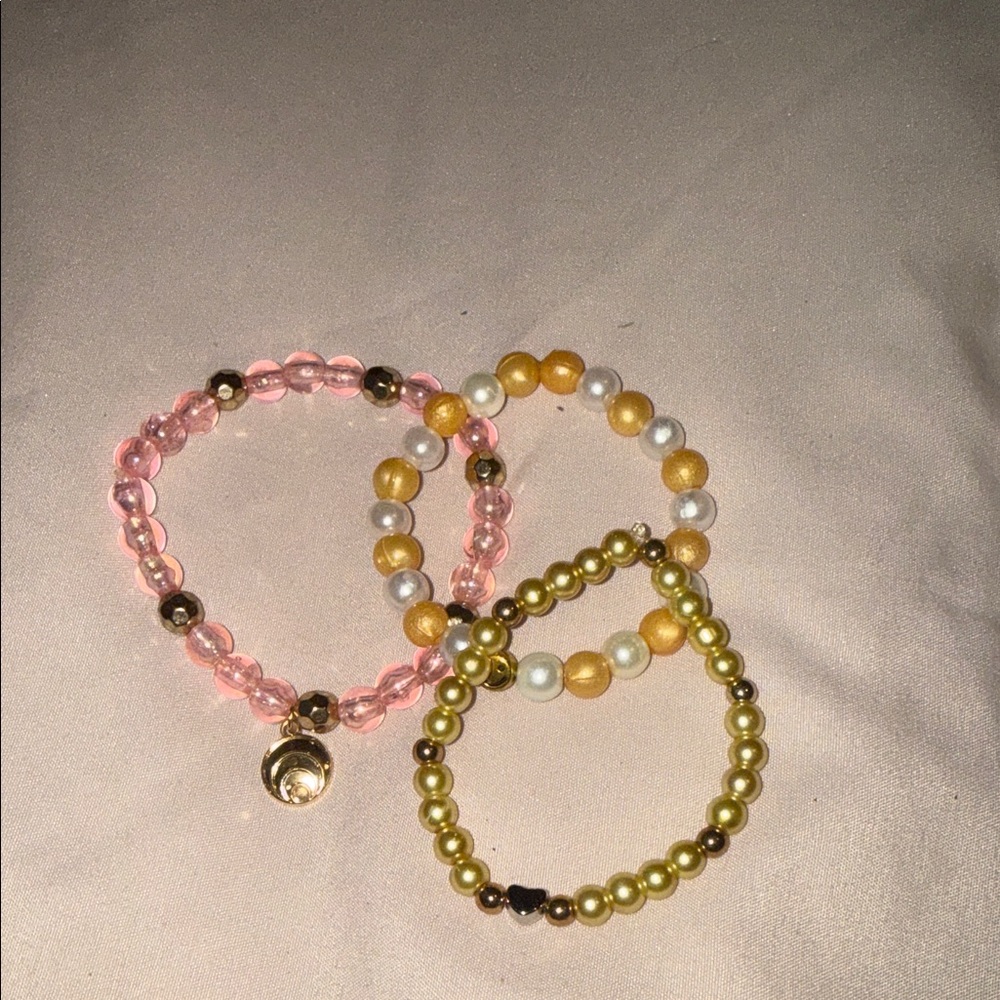 Chic Pink, Gold, and Green Beaded Bracelet Trio